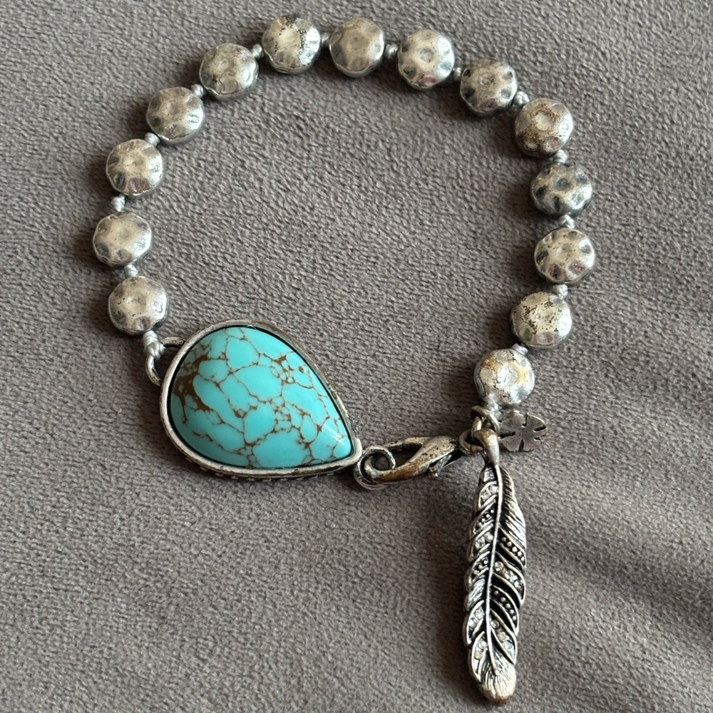 Silver and Faux Turquoise Beaded Bracelet with Gemstone Feather Charm